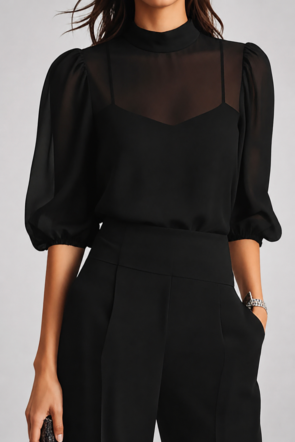 Detail view of mock neckline, sweetheart camisole and puff sleeves