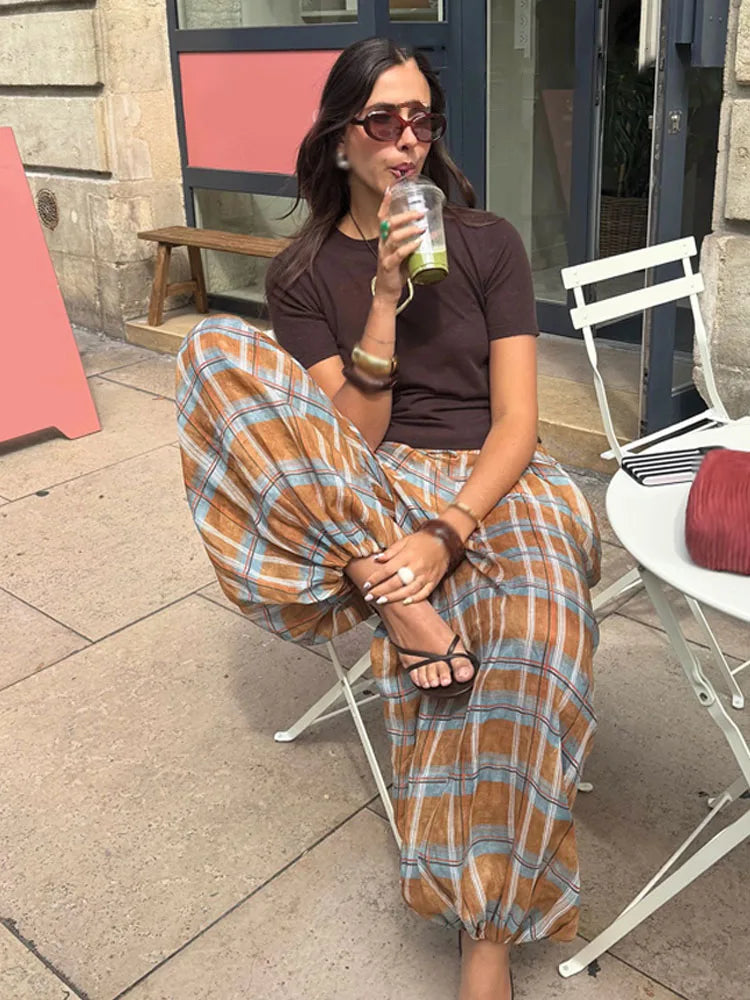 Women’s Baggy Pants with Plaid Pattern and Elastic Waist