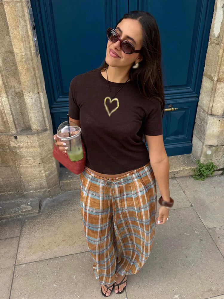 Women’s Baggy Pants with Plaid Pattern and Elastic Waist