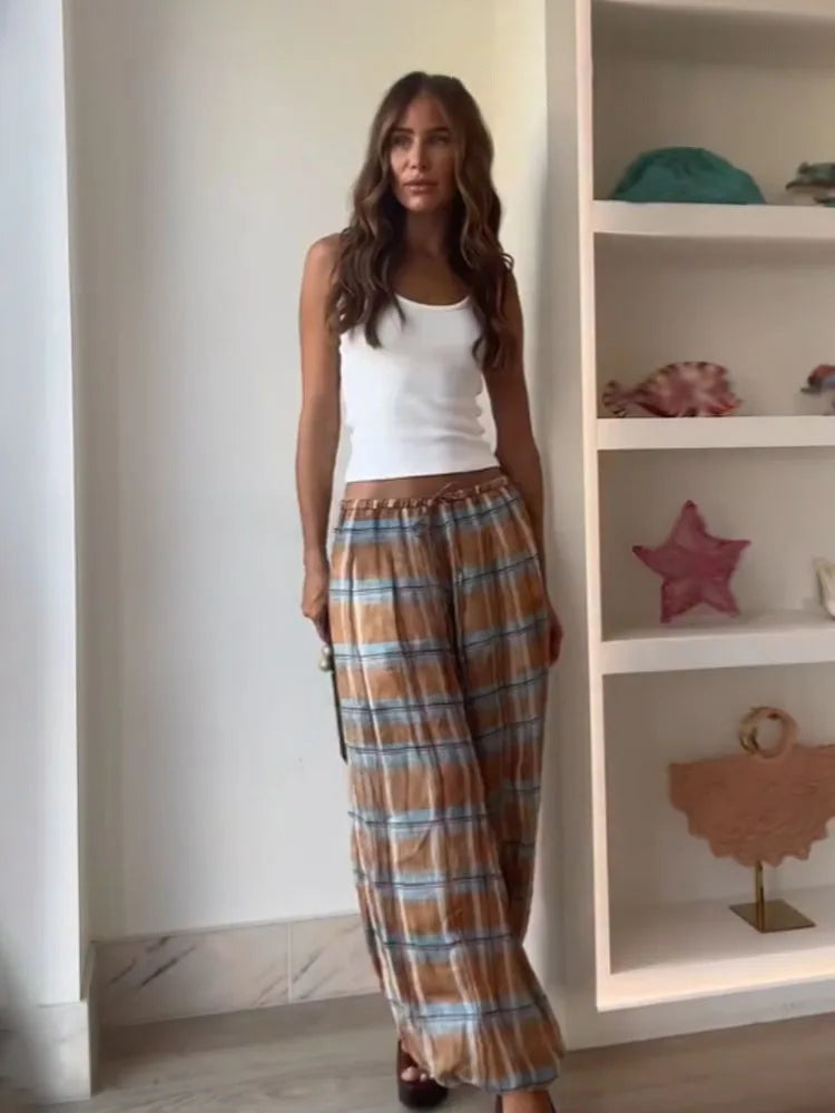 Women’s Baggy Pants with Plaid Pattern and Elastic Waist