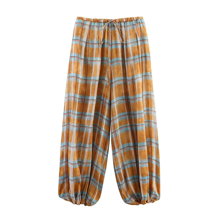 Women’s Baggy Pants with Plaid Pattern and Elastic Waist
