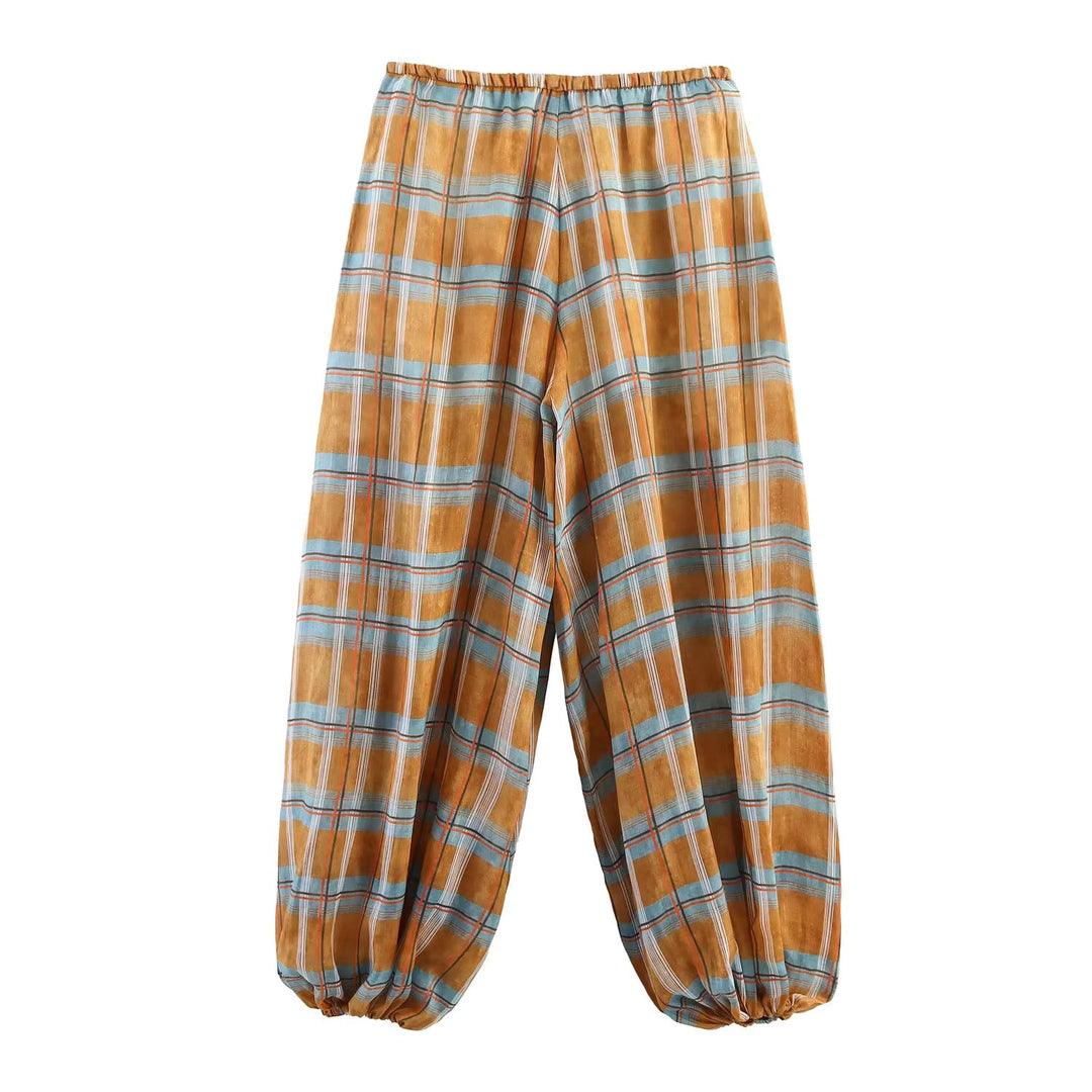 Women’s Baggy Pants with Plaid Pattern and Elastic Waist