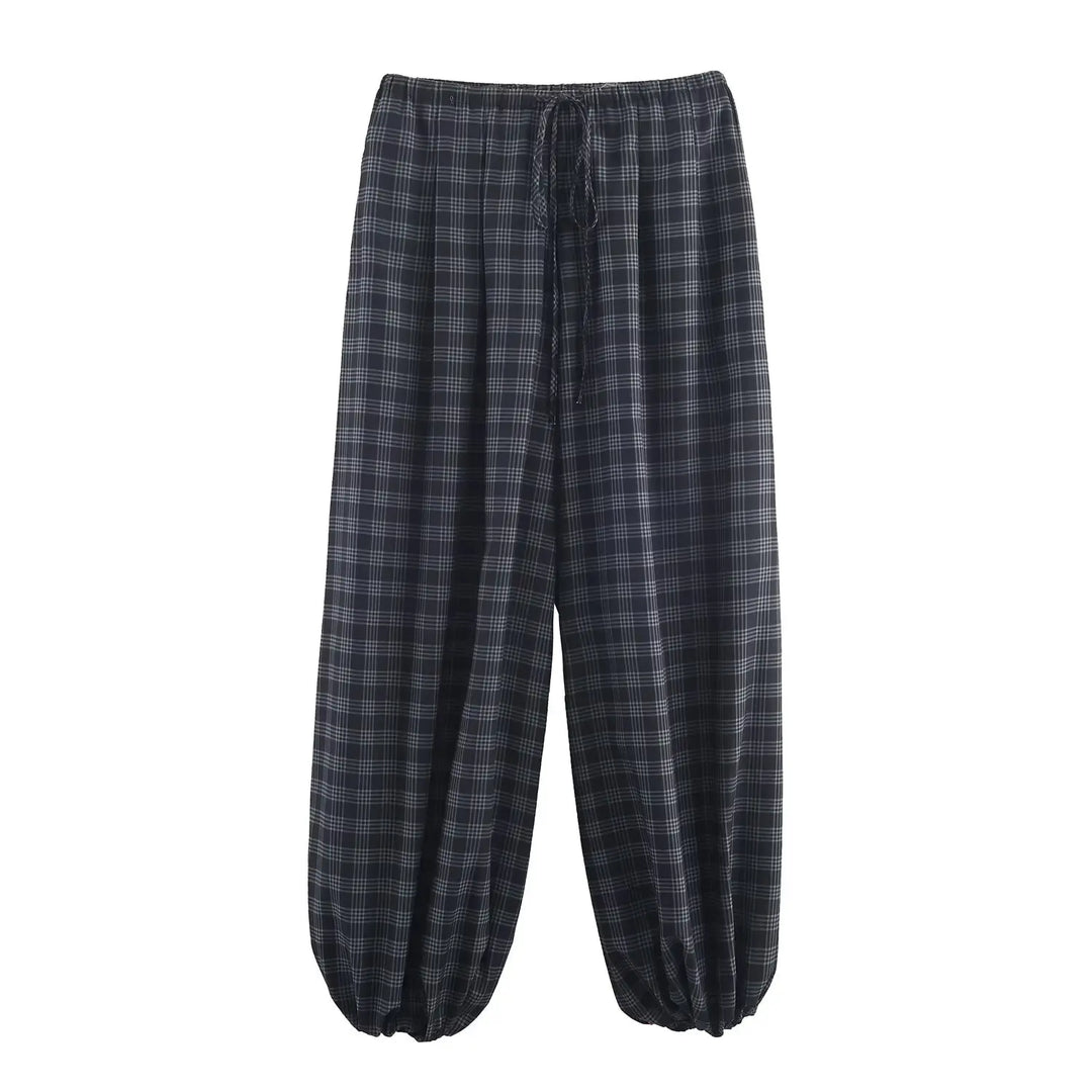 Women’s Baggy Pants with Plaid Pattern and Elastic Waist