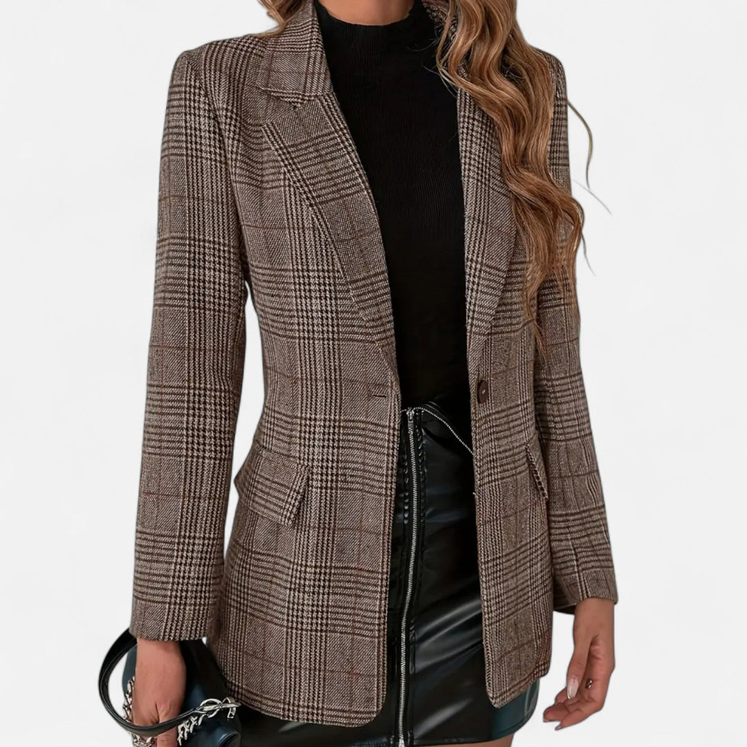 Women’s Blazer with Notched Lapel and Plaid Pattern