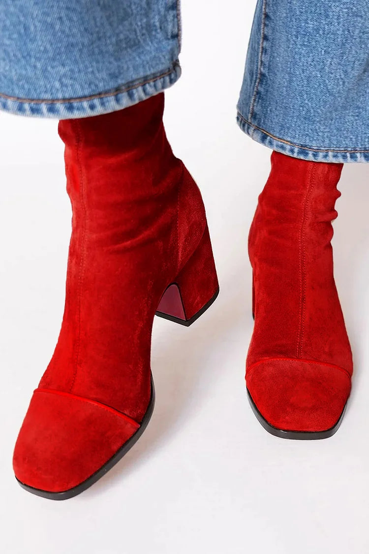Front view showing upper, toe cap and block heel, burgundy red