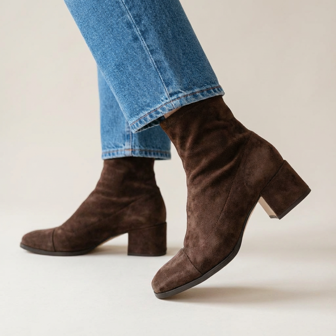 Side view showing upper, toe cap and block heel