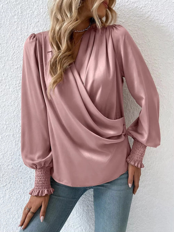 Women’s Blouse with Draped Surplice Front and Smocked Cuffs
