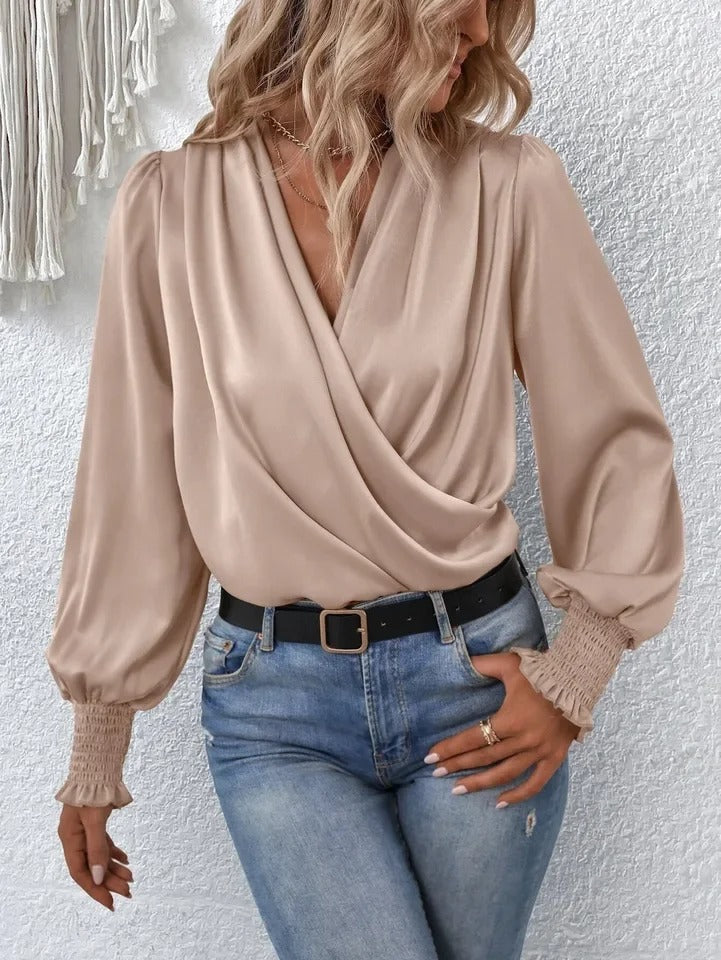 Women’s Blouse with Draped Surplice Front and Smocked Cuffs