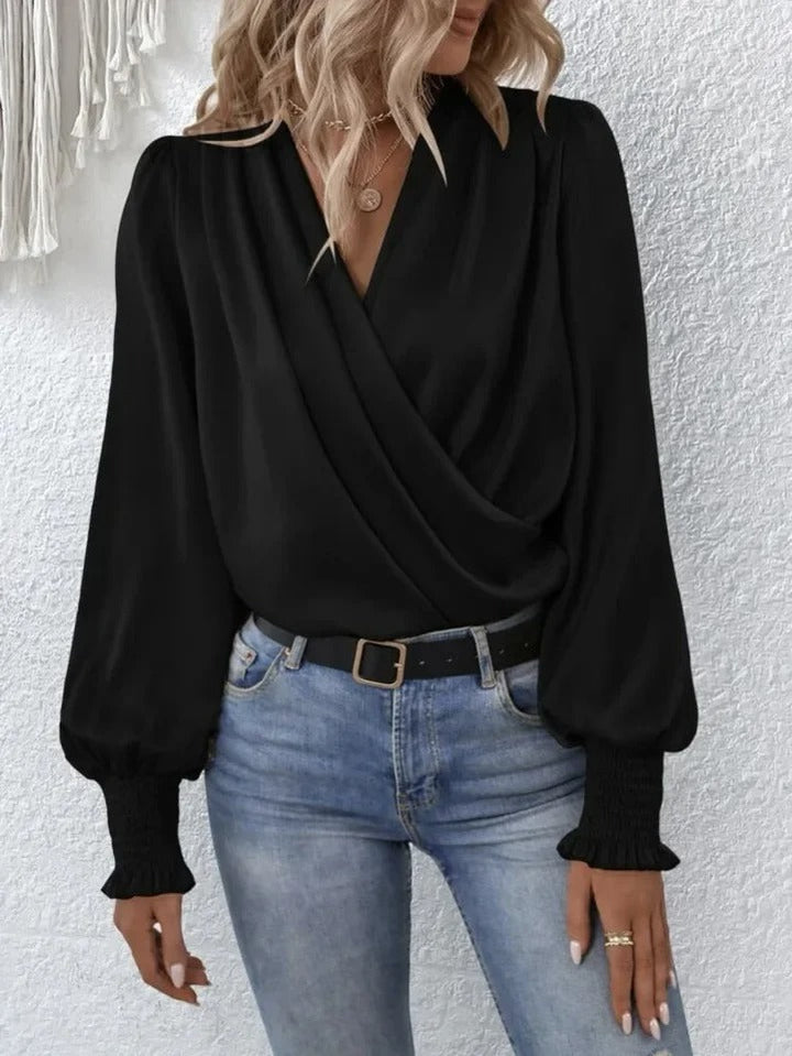 Women’s Blouse with Draped Surplice Front and Smocked Cuffs