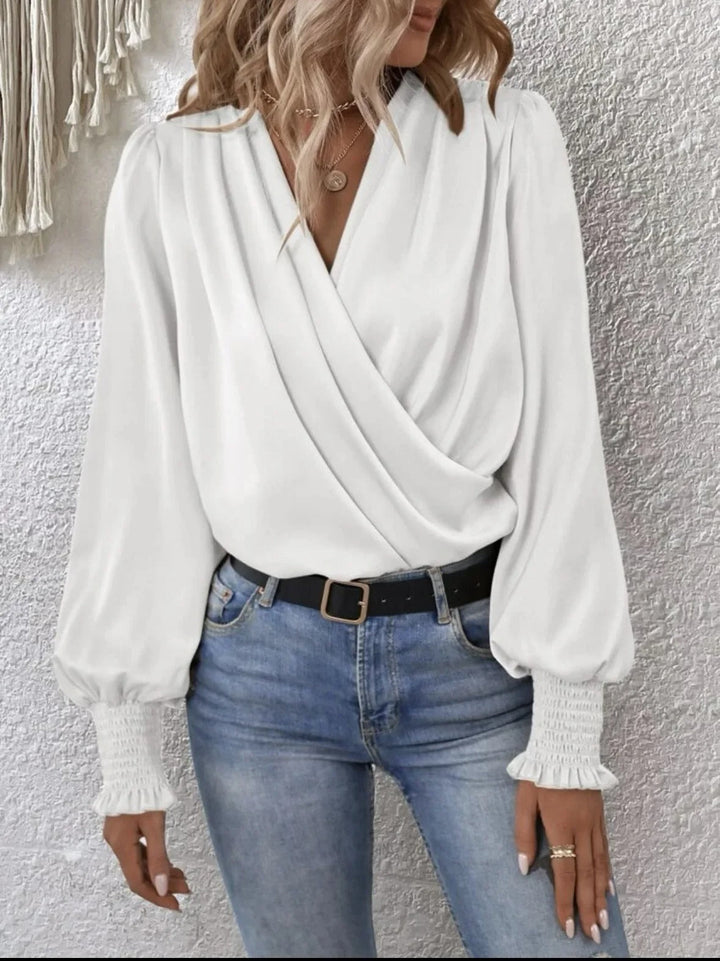 Women’s Blouse with Draped Surplice Front and Smocked Cuffs