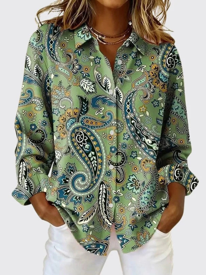 Front view showing shirt collar, long sleeves and button placket, green