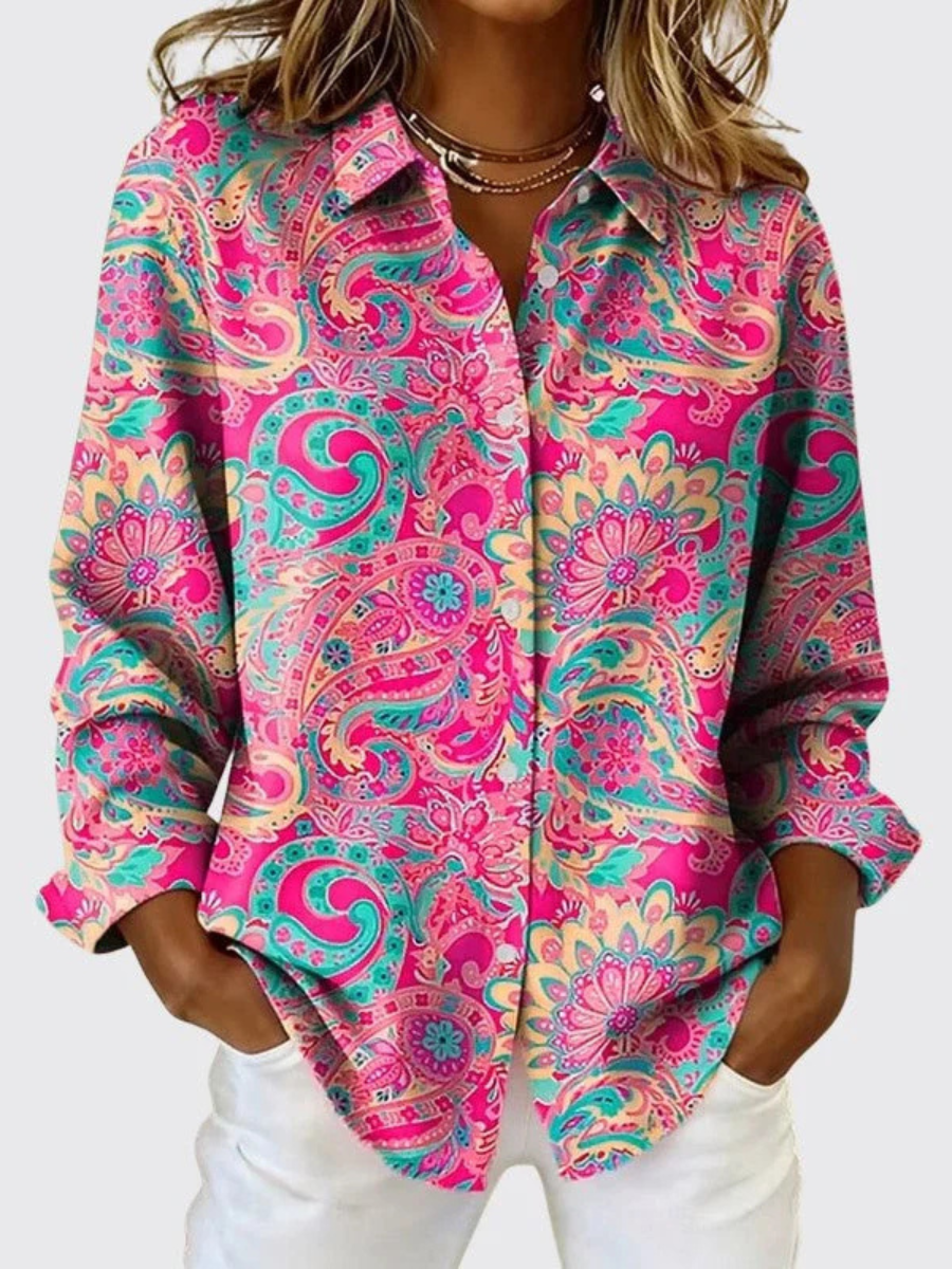 Front view showing shirt collar and button placket, pink