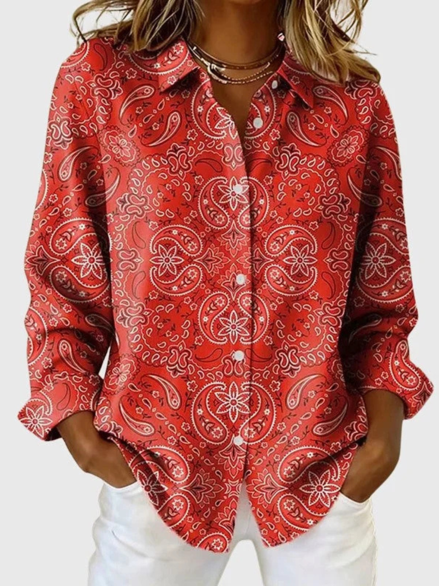 Front view showing shirt collar, button placket and long sleeves, red
