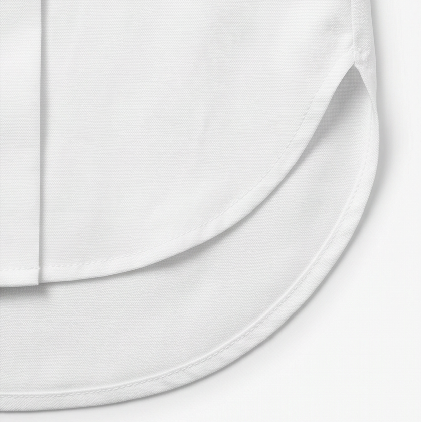 Close-up detail of the curved shirttail hem