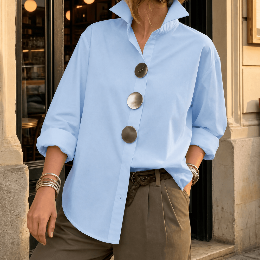 Front view showing stand collar and button front, blue