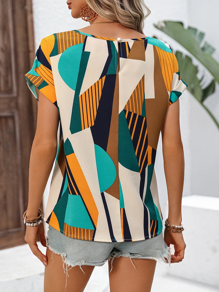 Women’s Blouse with Round Neck and Folded Cuffs