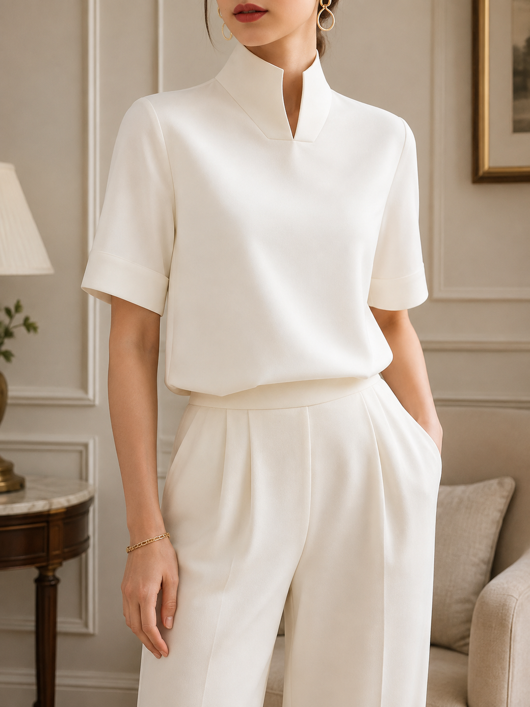 Women’s Blouse with Stand Collar and V-Shaped Opening