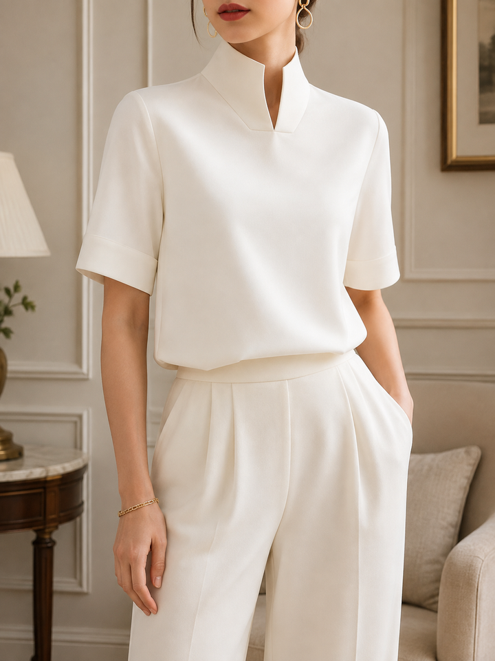 Women’s Blouse with Stand Collar and V-Shaped Opening