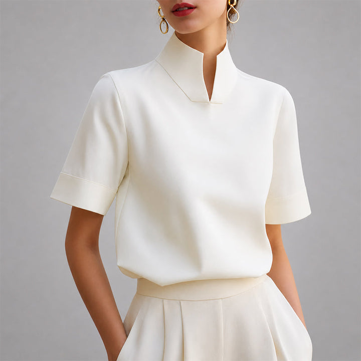 Women’s Blouse with Stand Collar and V-Shaped Opening