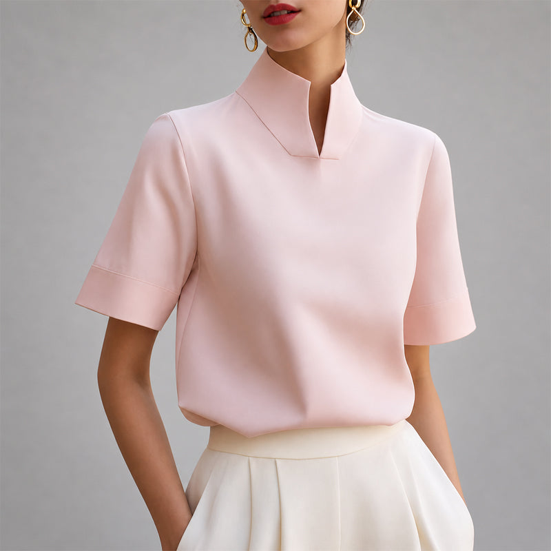 Women’s Blouse with Stand Collar and V-Shaped Opening