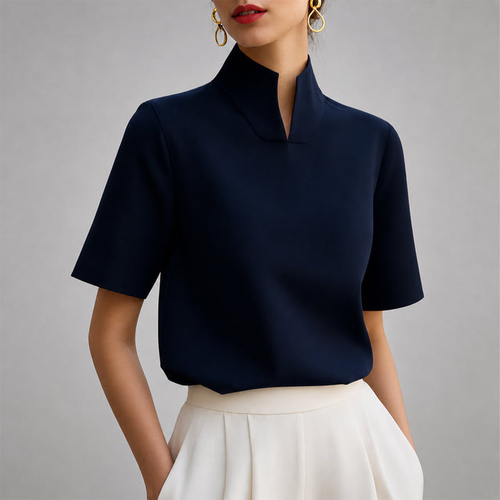 Women’s Blouse with Stand Collar and V-Shaped Opening