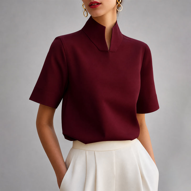 Women’s Blouse with Stand Collar and V-Shaped Opening