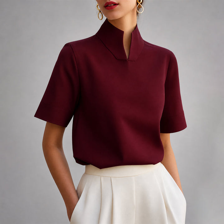 Women’s Blouse with Stand Collar and V-Shaped Opening
