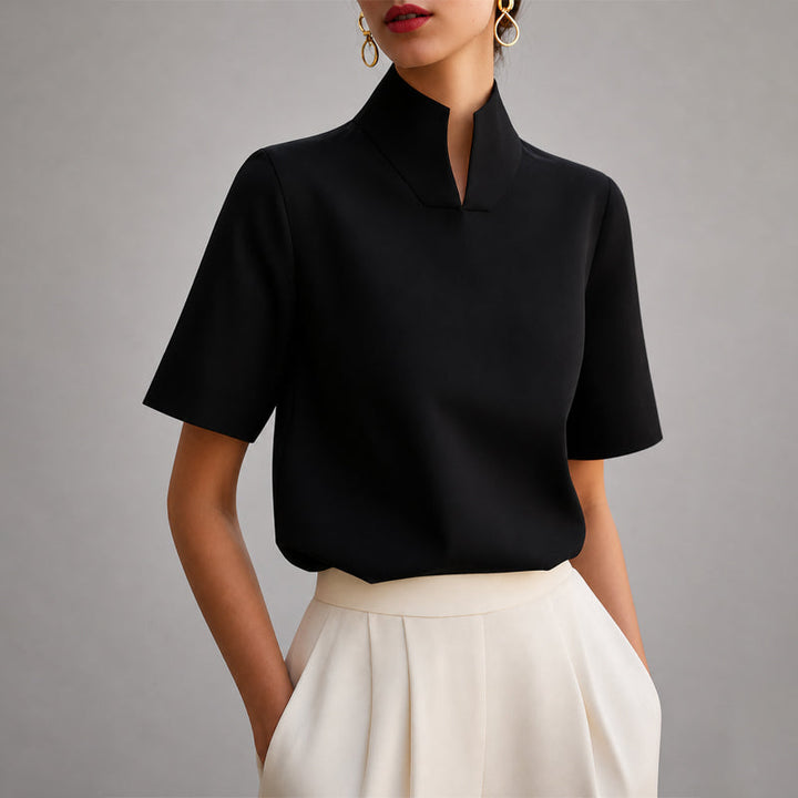 Women’s Blouse with Stand Collar and V-Shaped Opening