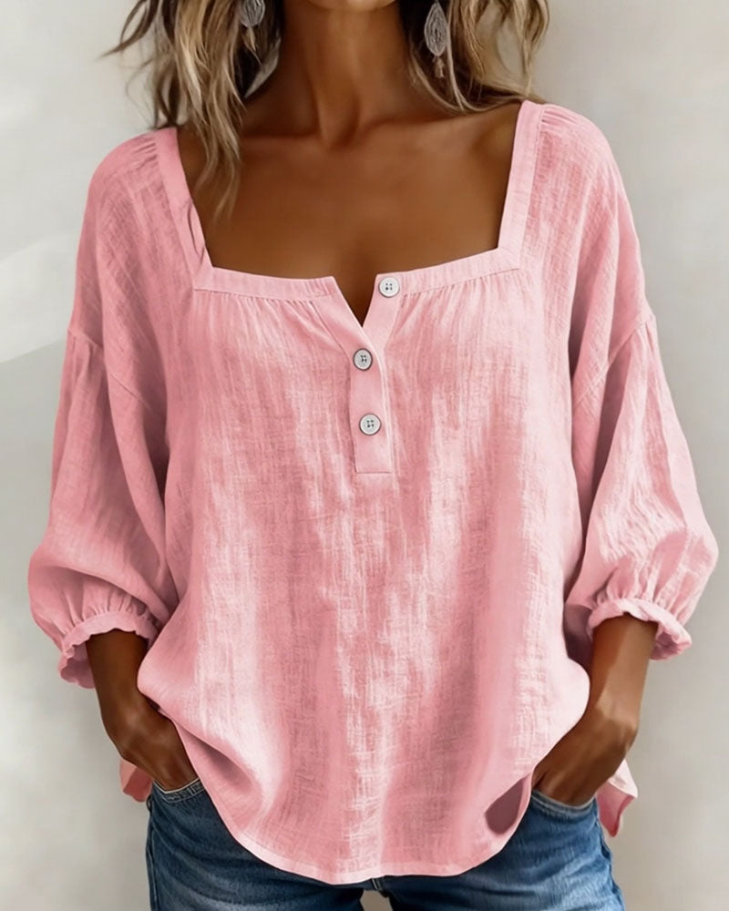 Front view showing square neckline and button placket, pink