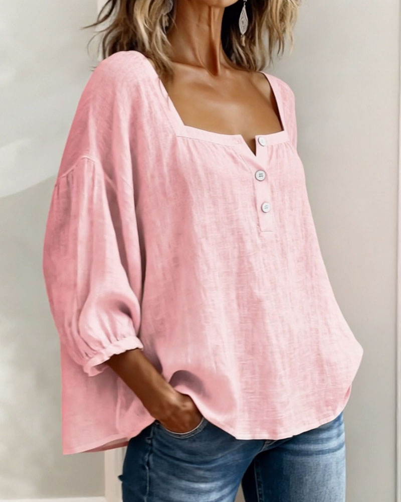 Front view showing square neckline and gathered cuff