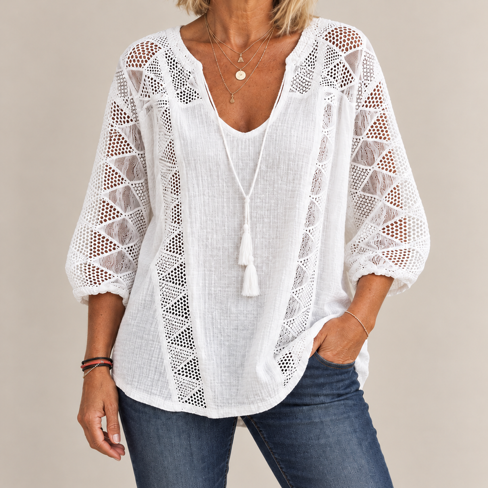Front view showing v-neckline with tassel tie and crochet front panels, white