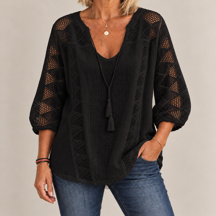 Front view showing v-neckline and crochet front panels, black