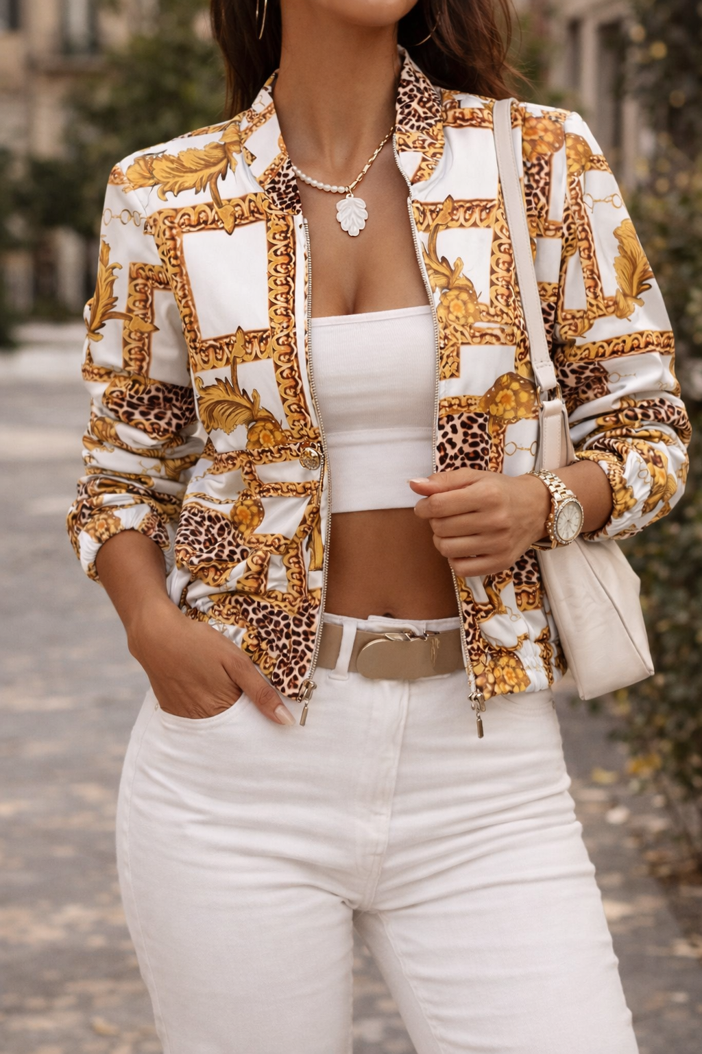 Women’s Bomber Jacket with Collar Neckline and Front Zip Closure