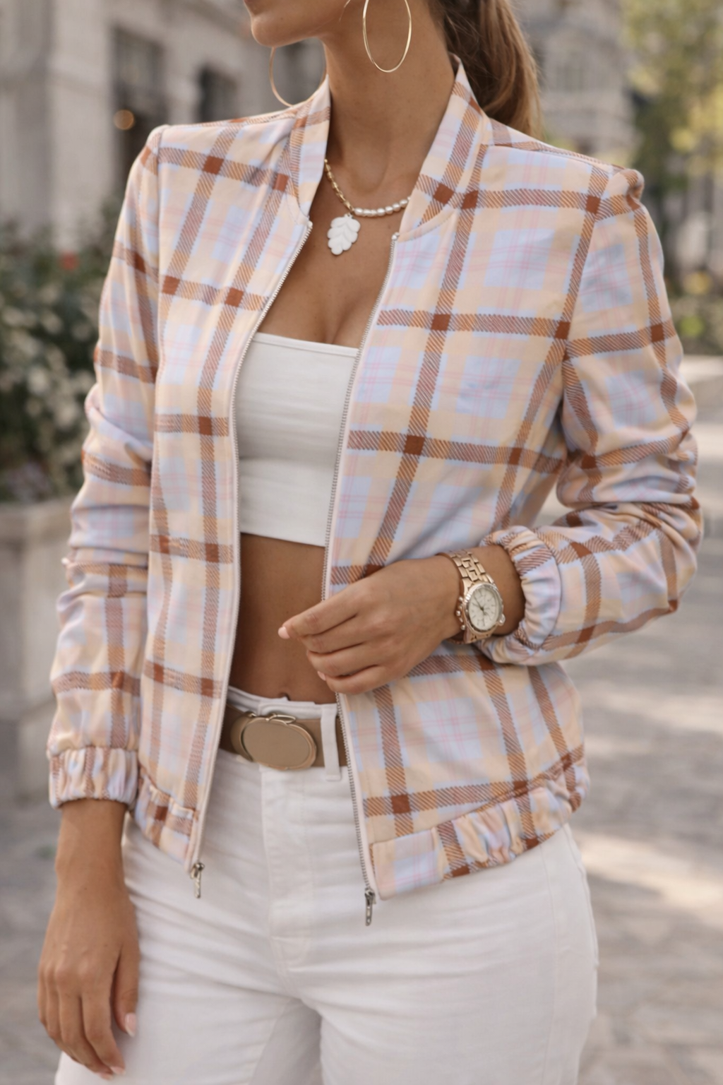 Women’s Bomber Jacket with Collar Neckline and Front Zip Closure