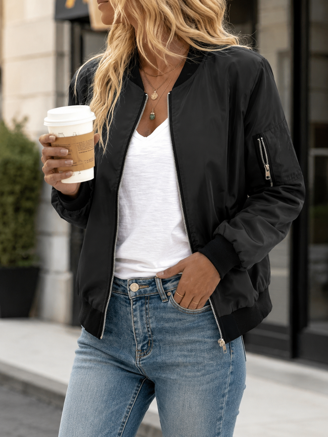 Women’s Bomber Jacket with Front Zip and Sleeve Pocket
