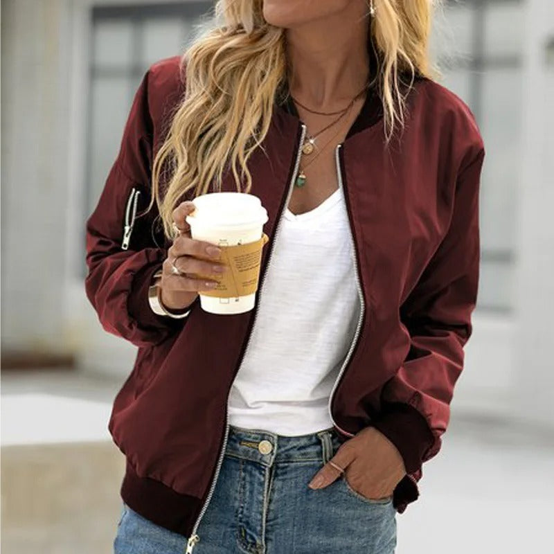 Women’s Bomber Jacket with Front Zip and Sleeve Pocket