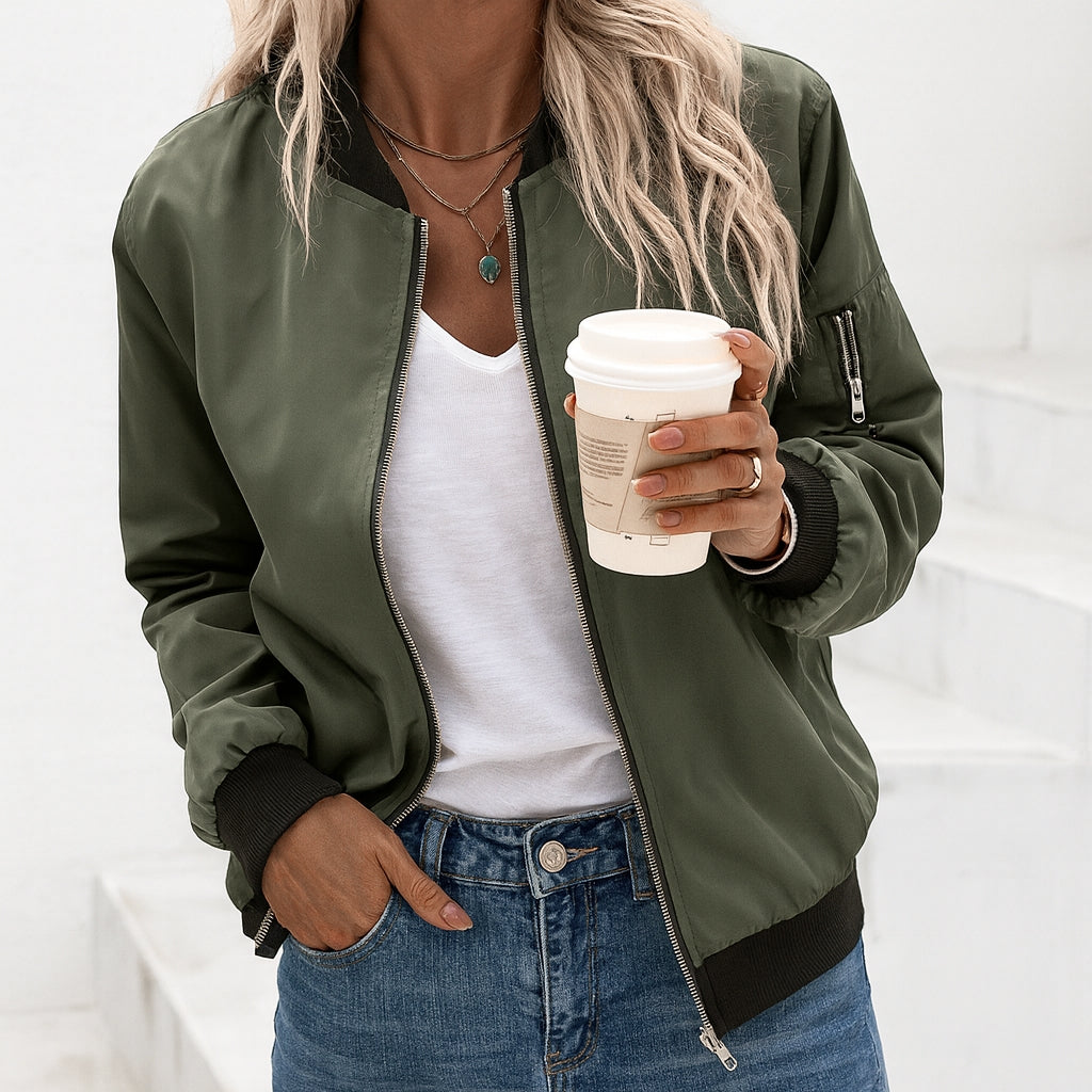 Women’s Bomber Jacket with Front Zip and Sleeve Pocket