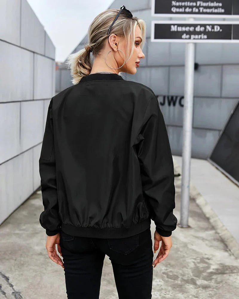 Women’s Bomber Jacket with Front Zip and Sleeve Pocket