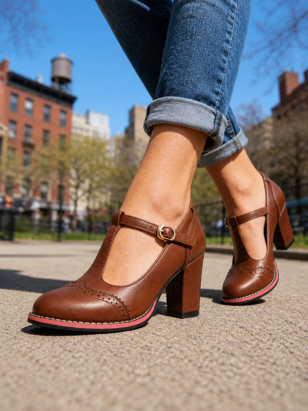 Side view showing t-bar strap, brogue detailing and block heel