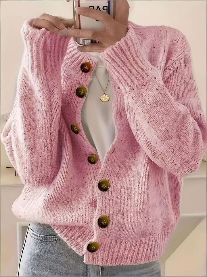 Women’s Button-Front Cardigan with Ribbed Trim and Openwork Details
