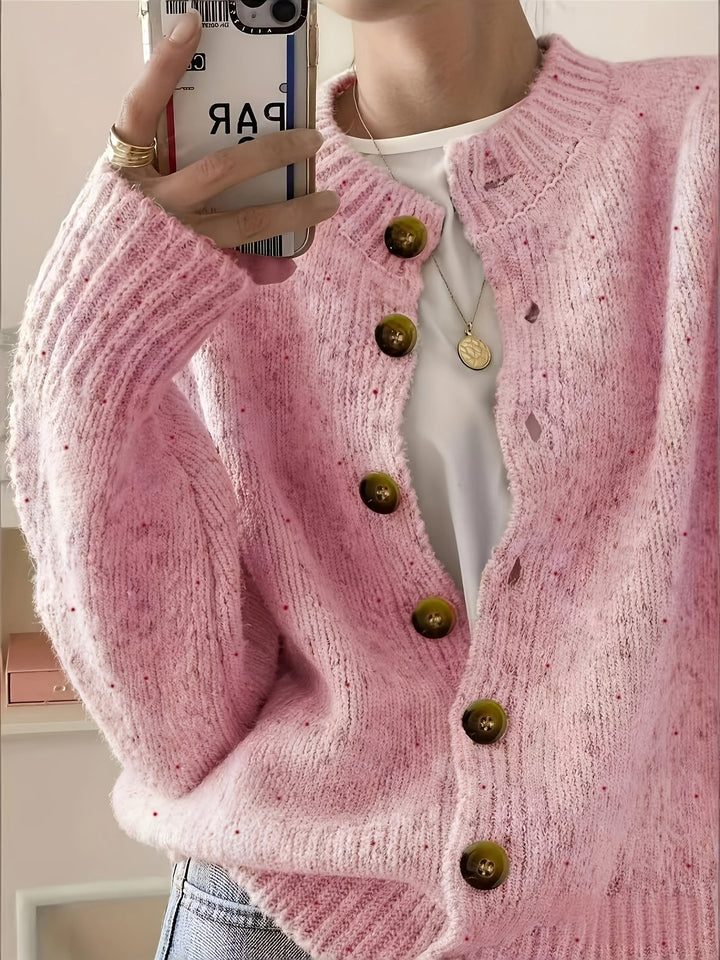 Women’s Button-Front Cardigan with Ribbed Trim and Openwork Details