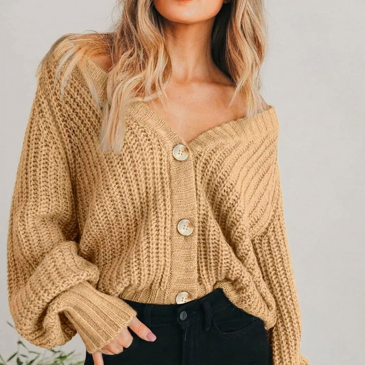 Women’s Button-Front Cardigan with V-Shaped Neckline and Long Sleeves