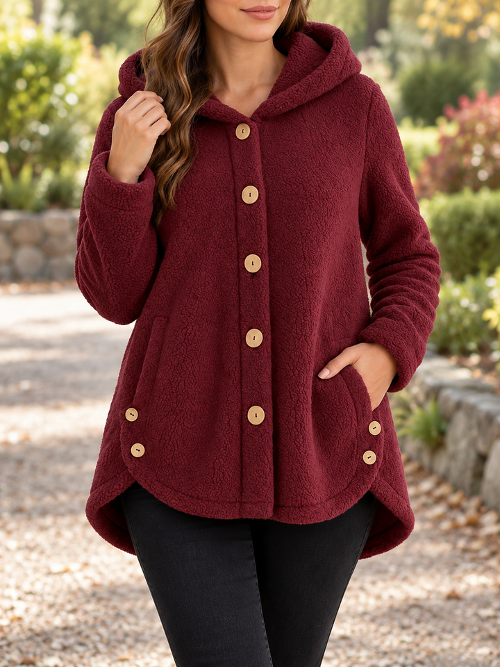Women’s Button-Front Fleece Hoodie with Front Pockets and Curved Hem