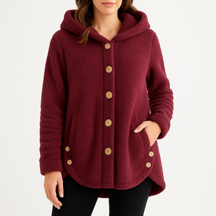 Women’s Button-Front Fleece Hoodie with Front Pockets and Curved Hem