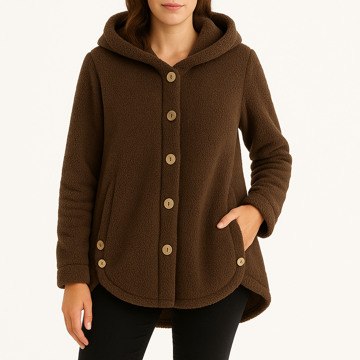Women’s Button-Front Fleece Hoodie with Front Pockets and Curved Hem