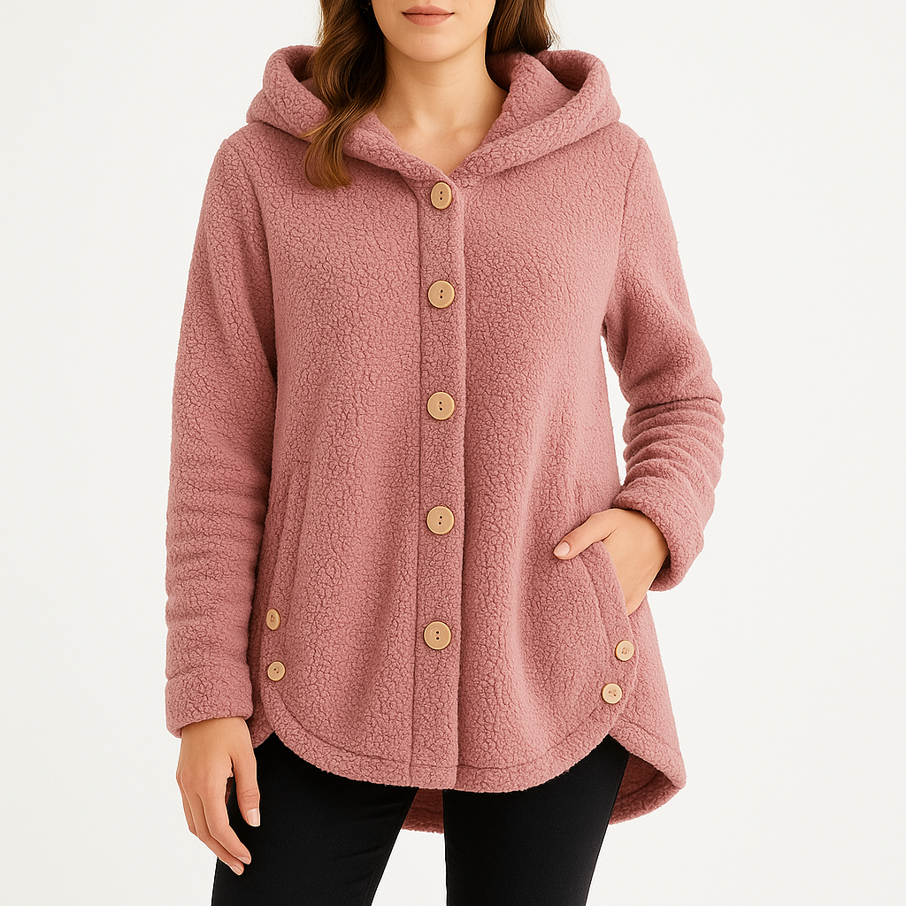 Women’s Button-Front Fleece Hoodie with Front Pockets and Curved Hem
