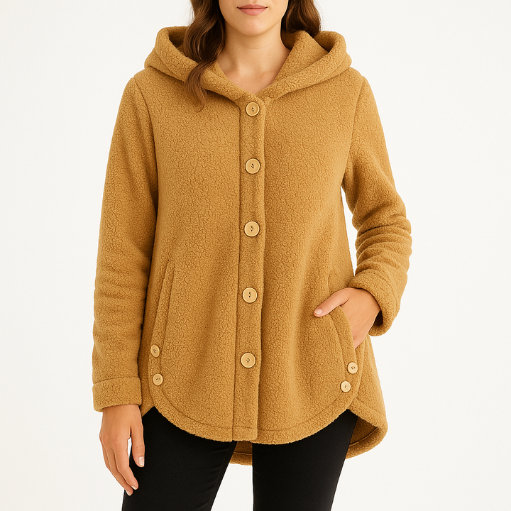 Women’s Button-Front Fleece Hoodie with Front Pockets and Curved Hem