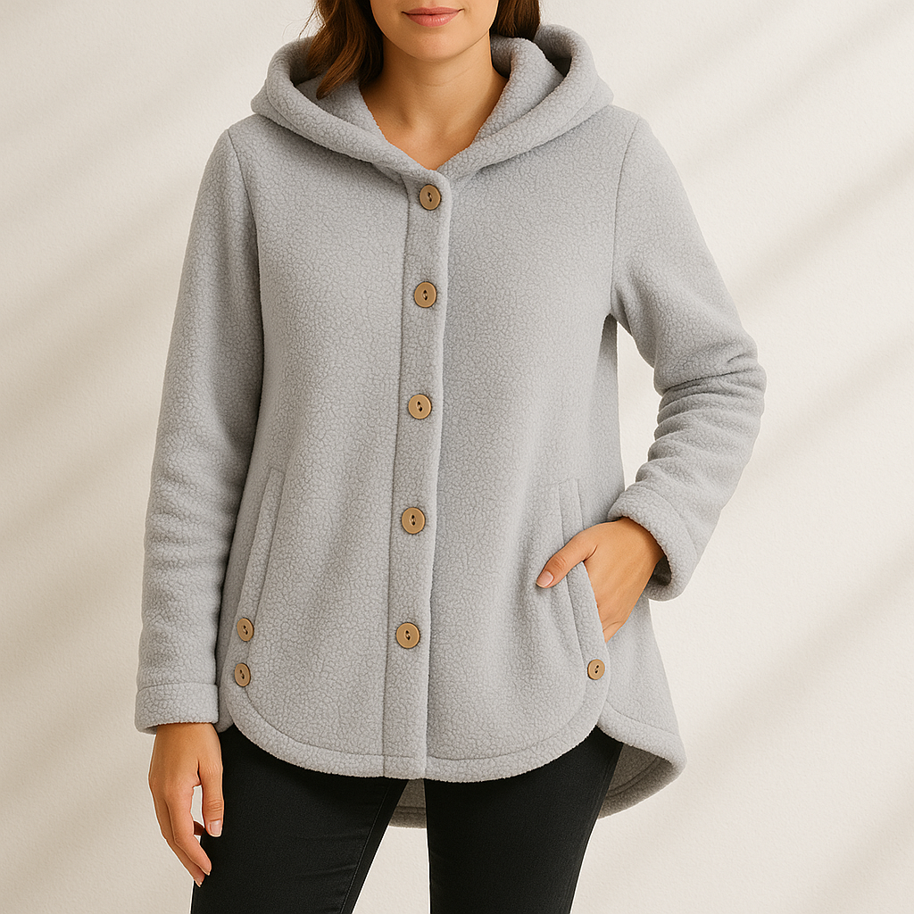 Women’s Button-Front Fleece Hoodie with Front Pockets and Curved Hem