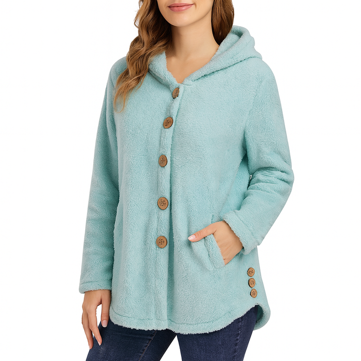 Women’s Button-Front Fleece Hoodie with Front Pockets and Curved Hem