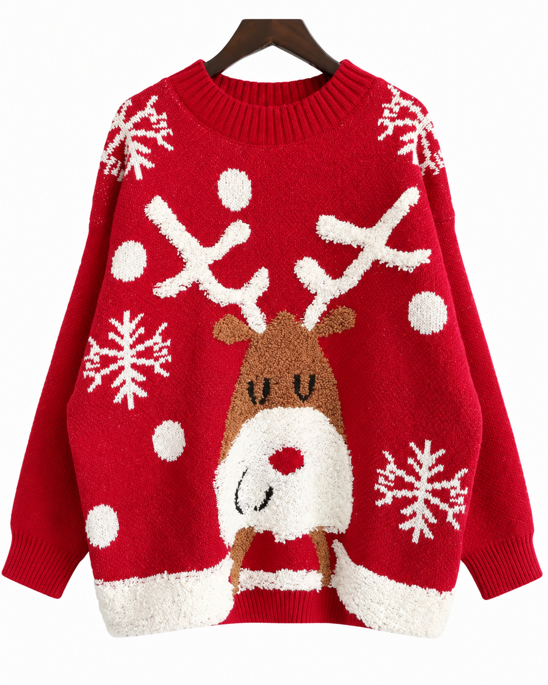 Flat lay showing round neckline, sleeves and reindeer motif